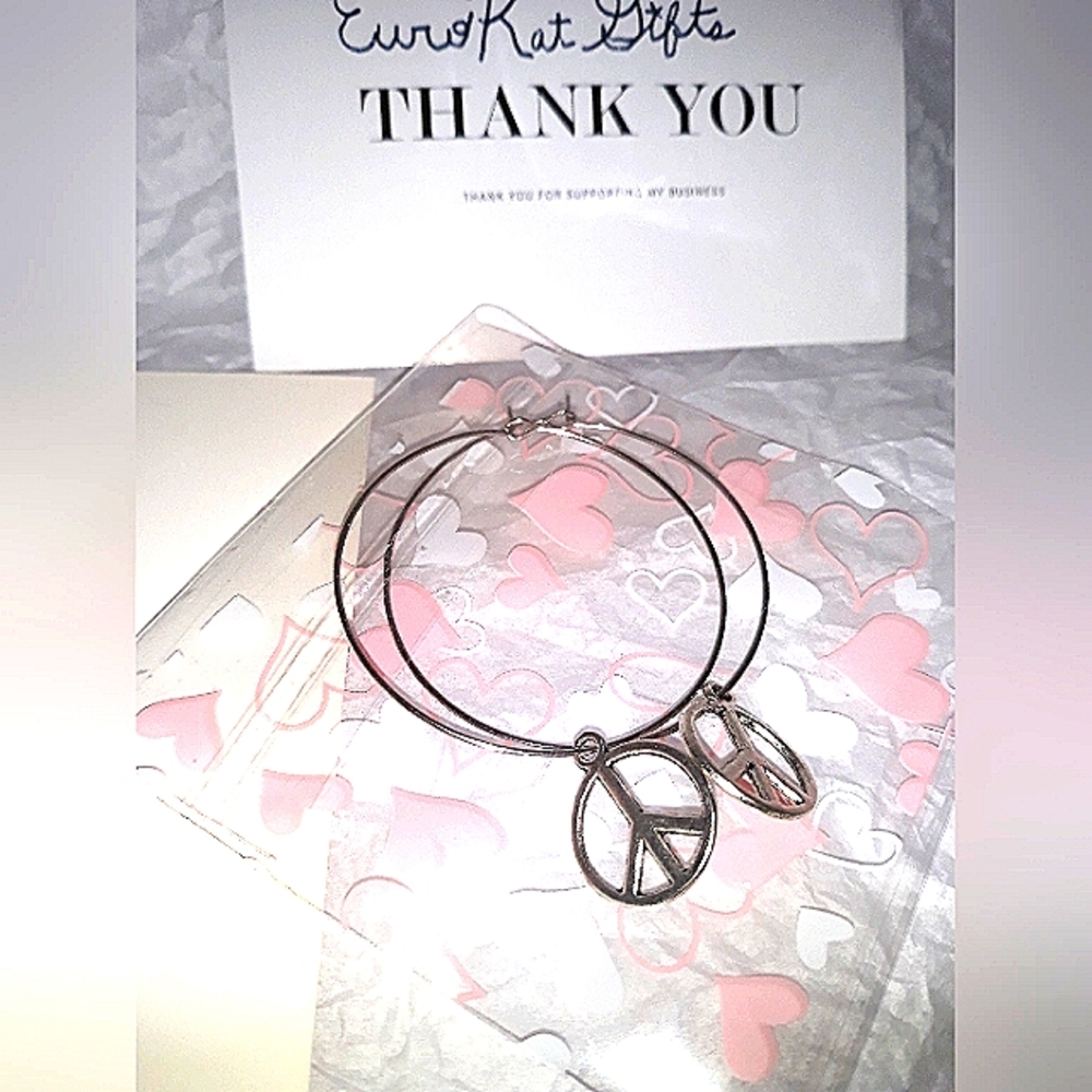 Minimalist Silver Medium Hoop Earrings with Silver Peace sign Charm NEW Handmade